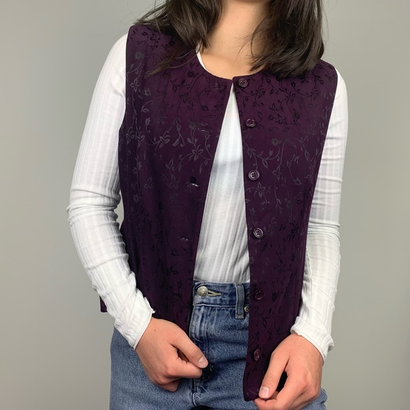 Vintage 80s 90s Deep Purple Floral Jacquard Suit Vest Casual Corner - Picture 2 of 14